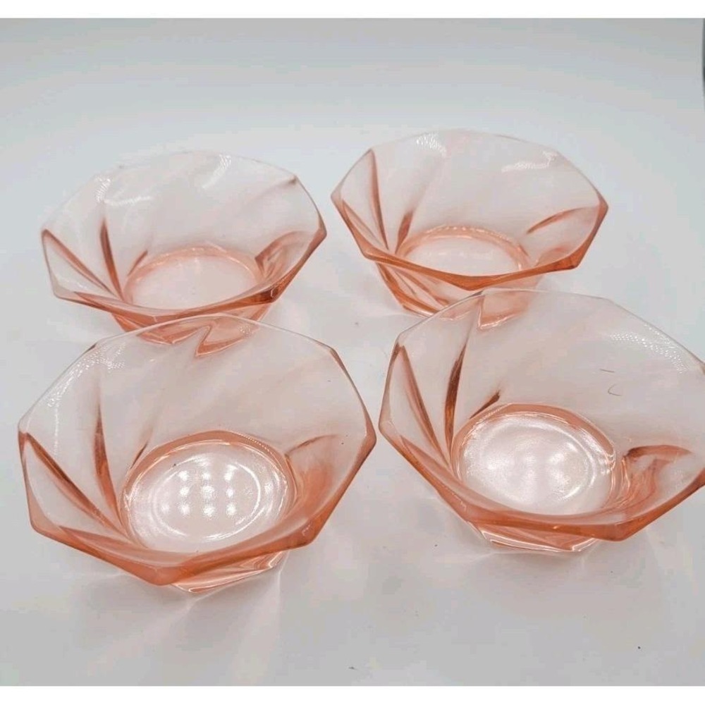 Set Of 4‎ Heisey TWIST FLAMINGO Pink Depression 4" NAPPY DESSERT BOWLS